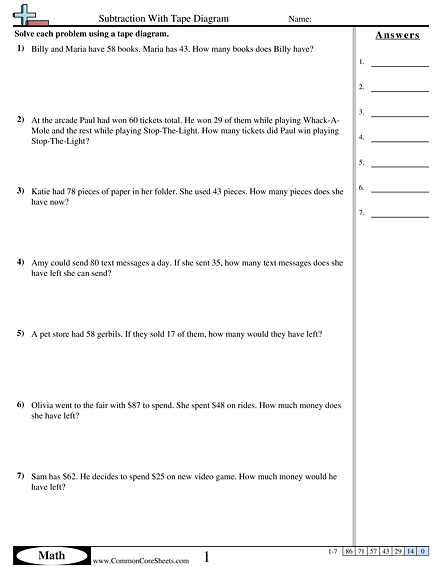 Subtraction With Tape Diagram Worksheet - Subtraction With Tape Diagram worksheet